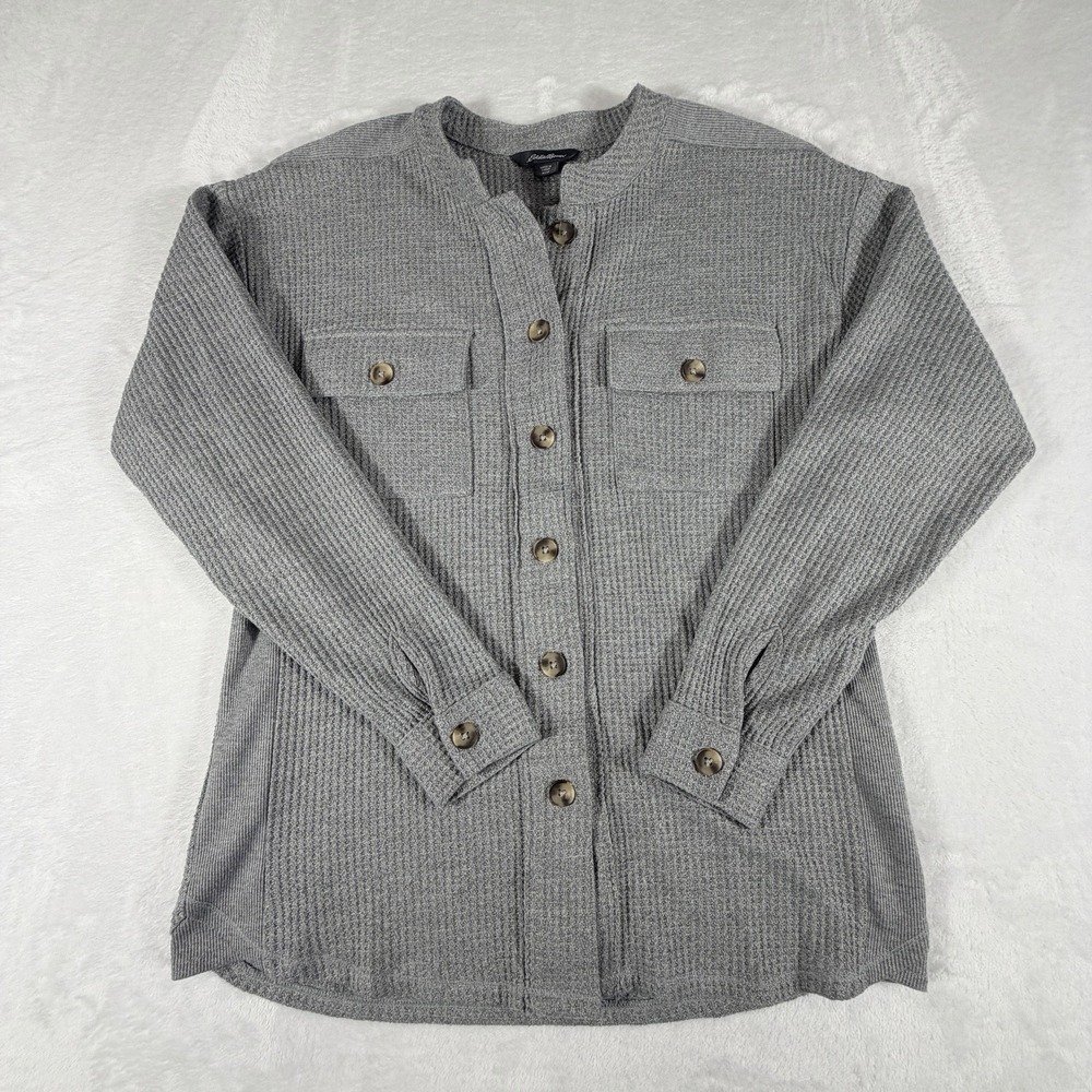 Eddie Bauer Shirt Women's Sz‎ M Gray Thermal Waffle Knit Long Sleeve Button Down